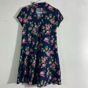 Joe Boxer Floral Shift Dress Womens Medium Navy Blue Good Mock Neck Keyhole Rose
